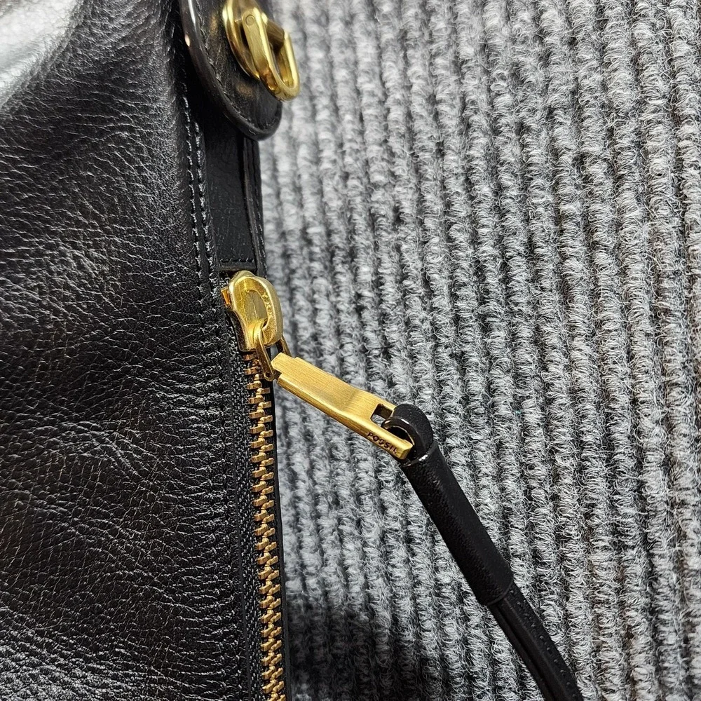 Fossil Maya Leather Bag Womens Black Leather Key Charm Zip‎ Slouchy Hobo Purse